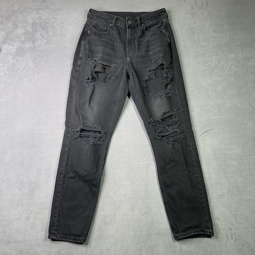 American Eagle Mom Jean Distressed Ripped High Waist Black Denim Grunge Womens 2
